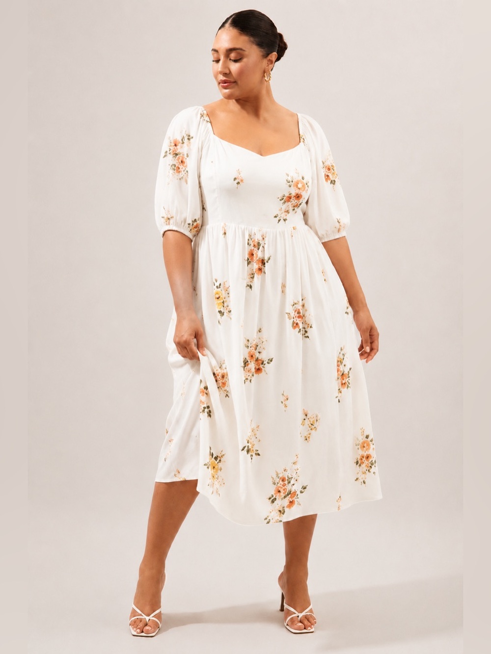 Sugarlips Floral Puff Sleeve Midi Dress 1X Cream Smocked Square Neck